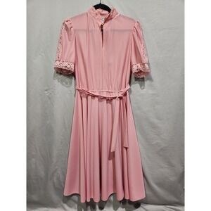 Vintage Jane Baar 70s Pink Lace Trim Keyhole Puff Sleeve Midi Shift Dress‎ Sz 12